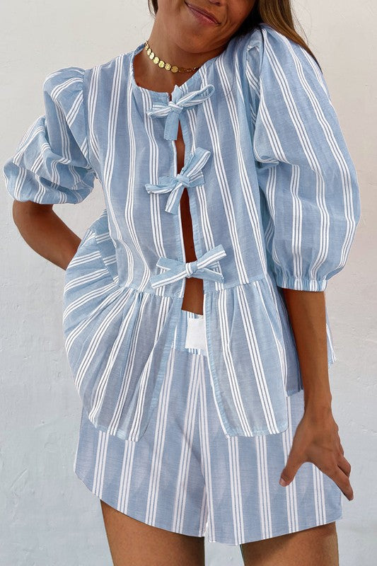 Short Sleeve Striped Tie Shirt with Matching Shorts