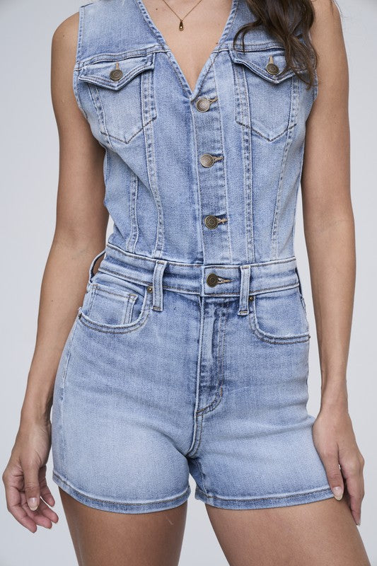 Sleeveless Stretch Button Down Romper with Cuff Hem