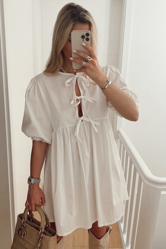 Short Puff Sleeve Mini Baby Doll Dress with Bow Tie Detail