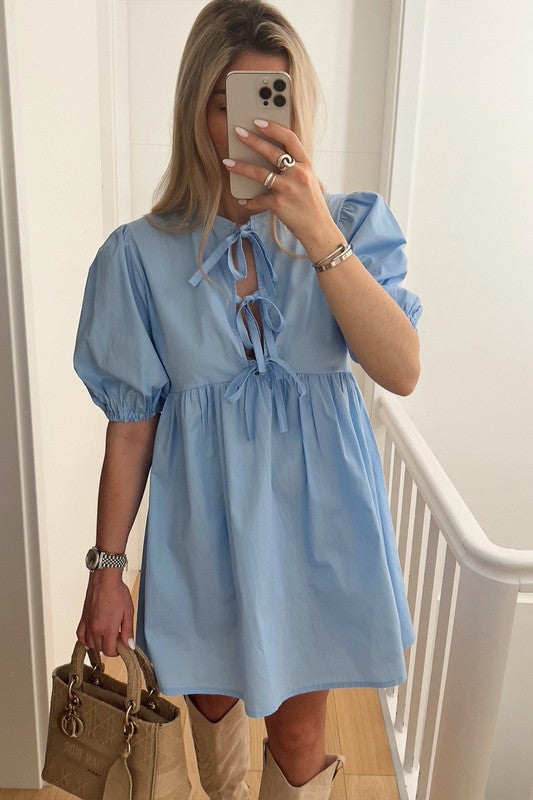 Short Puff Sleeve Mini Baby Doll Dress with Bow Tie Detail