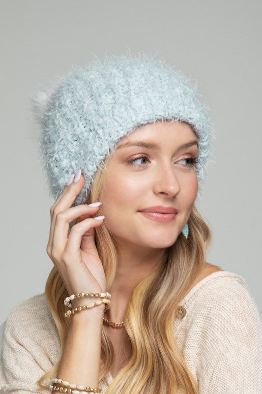 Eyelash Knit Beanie with Faux Fur Pompom