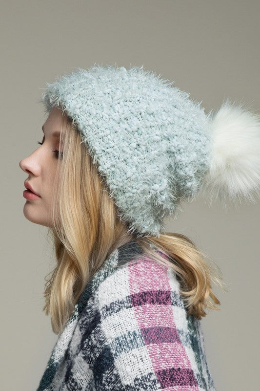 Eyelash Knit Beanie with Faux Fur Pompom