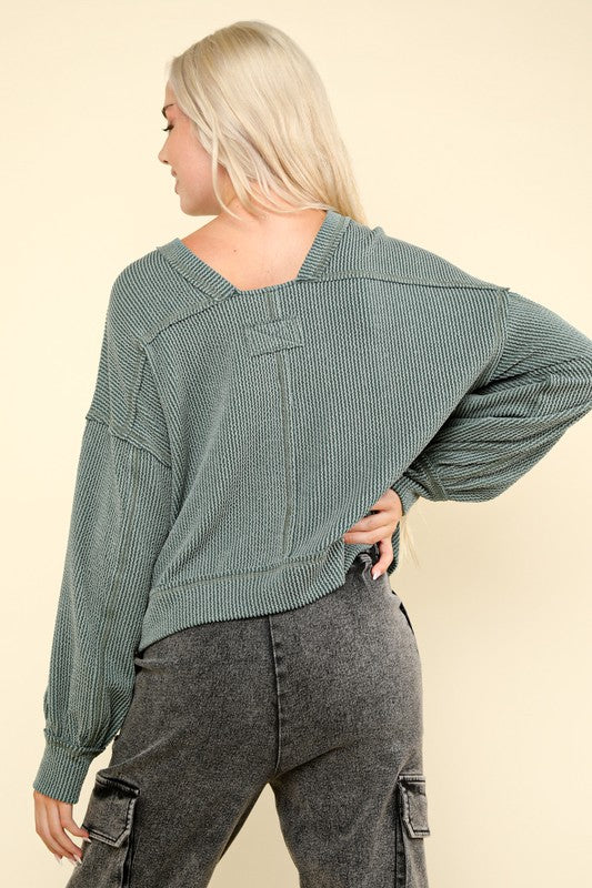 Long Sleeve Two Tone Otto Ribbed Oversized Soft Comfy Knit Top