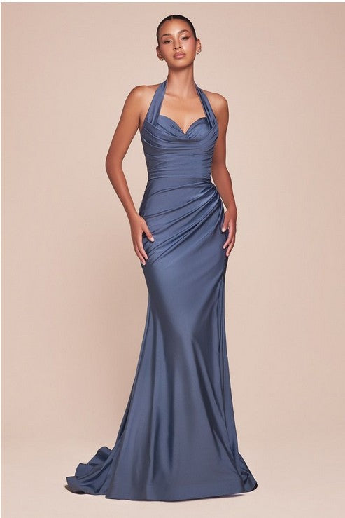 Halter Satin Stretch Fitted Long Formal Dress with Side Slit