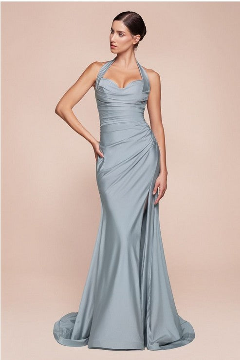Halter Satin Stretch Fitted Long Formal Dress with Side Slit