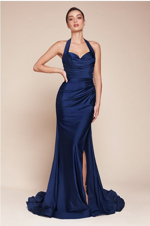 Halter Satin Stretch Fitted Long Formal Dress with Side Slit