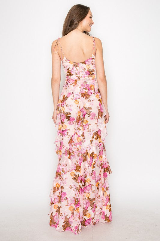 Tie Spaghetti Strap Floral Side Ruffle Tiered Long Formal Dress