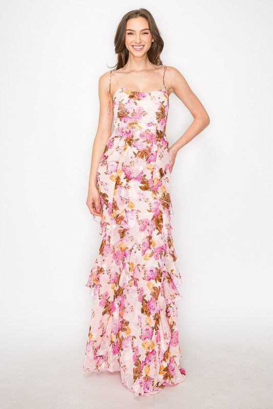 Tie Spaghetti Strap Floral Side Ruffle Tiered Long Formal Dress Tie Spaghetti Strap Floral Side Ruffle Tiered Long Formal Dress