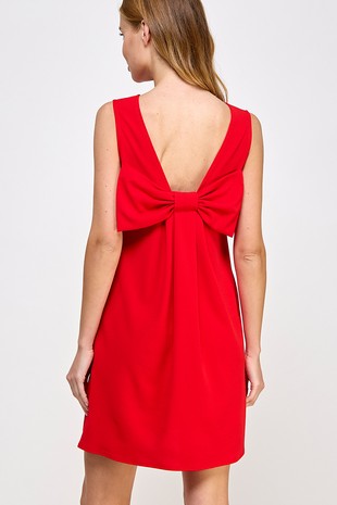 Sleeveless Solid Mini Shift Dress with V Back and Large Bow
