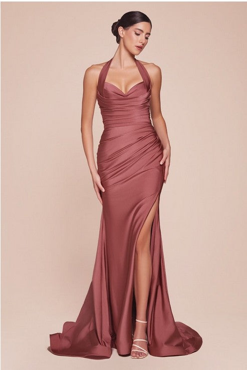 Halter Satin Stretch Fitted Long Formal Dress with Side Slit