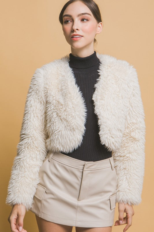 Crop Faux Fur Jacket, Open Front, Long Sleeves, Bolero Style