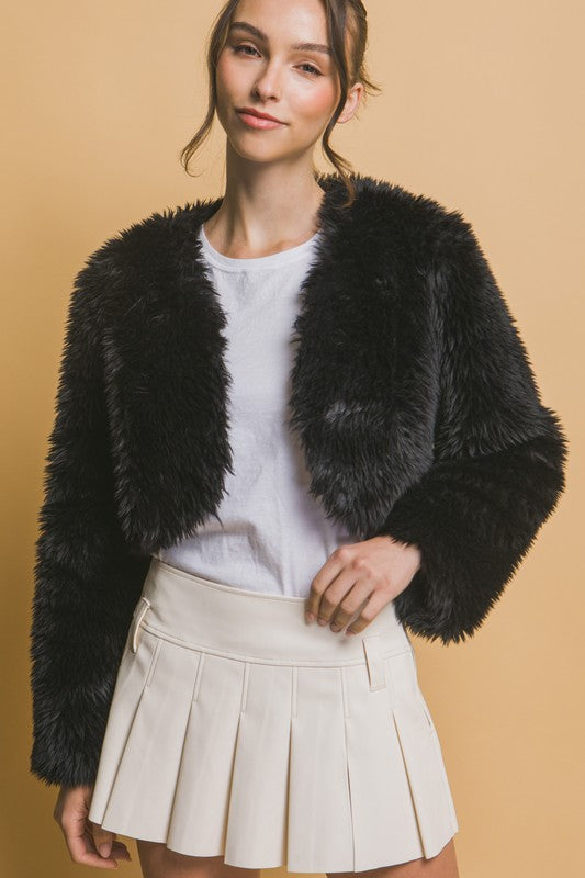 Crop Faux Fur Jacket, Open Front, Long Sleeves, Bolero Style