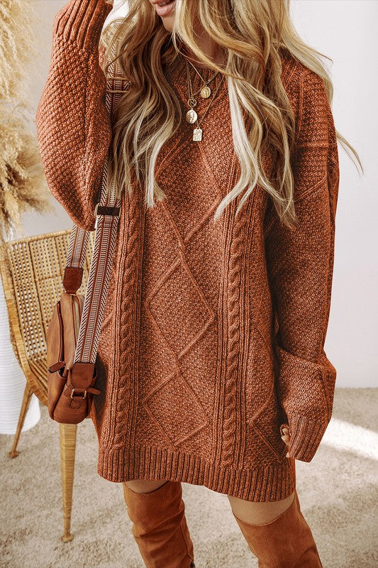 Long Sleeve Cable Knit Drop Shoulder Loose Fit Sweater Dress