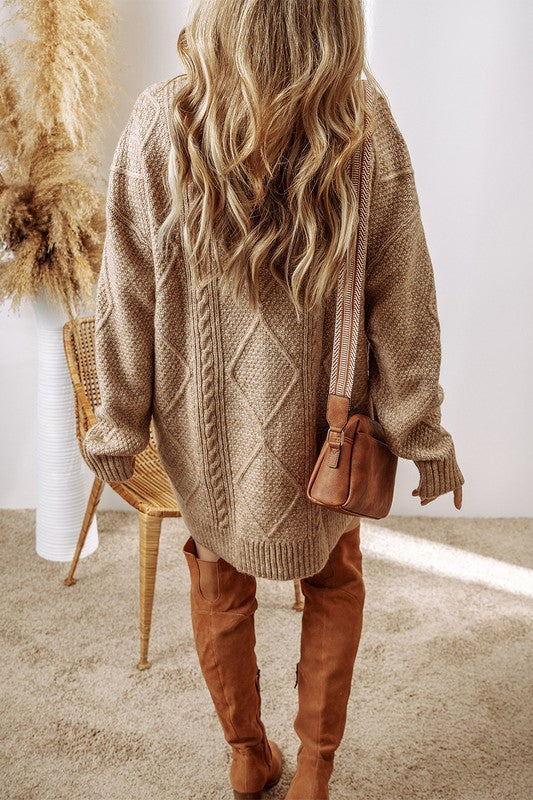 Long Sleeve Cable Knit Drop Shoulder Loose Fit Sweater Dress