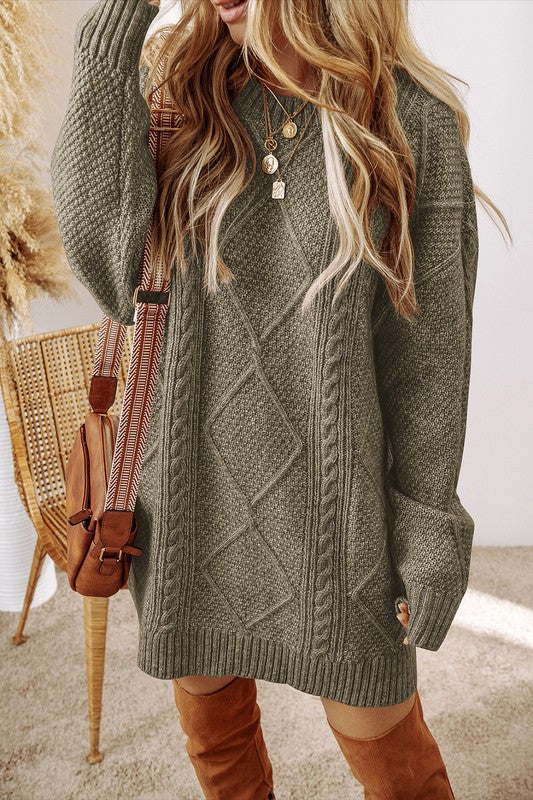 Long Sleeve Cable Knit Drop Shoulder Loose Fit Sweater Dress