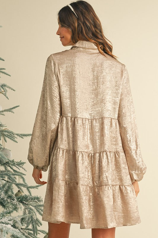 Long Sleeve Metallic Button Down Baby Doll Dress