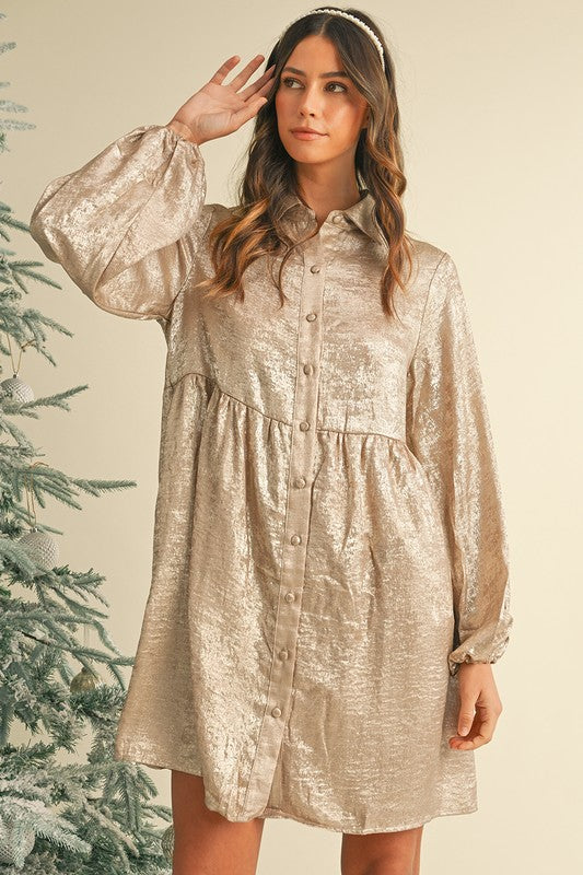 Long Sleeve Metallic Button Down Baby Doll Dress