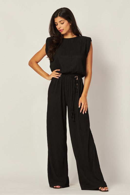 Sleeveless Crinkle Jumpsuit with Tie Waist Belt