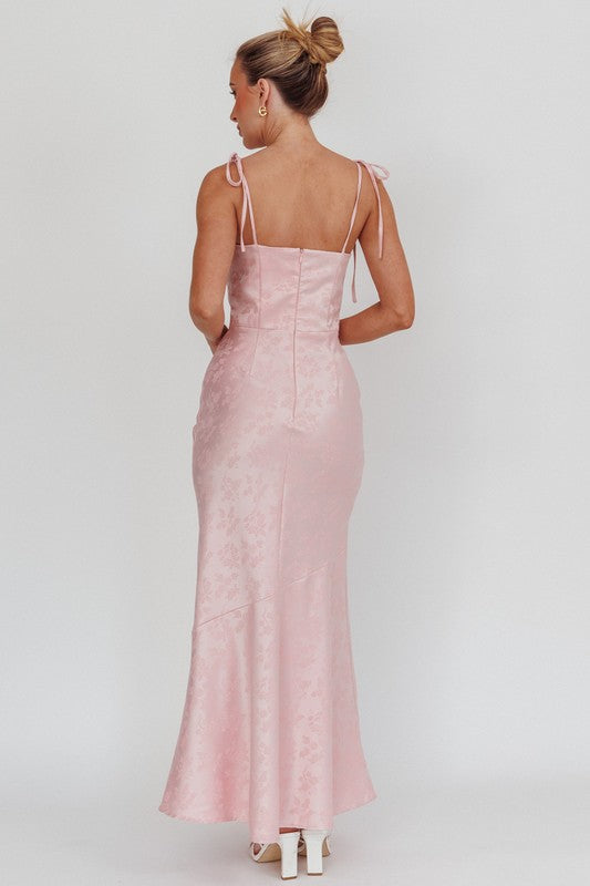 Floral Jacquard Maxi Dress with a Flirty Cowl Neck and Adjustable Tie Straps