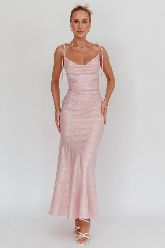 Floral Jacquard Maxi Dress with a Flirty Cowl Neck and Adjustable Tie Straps