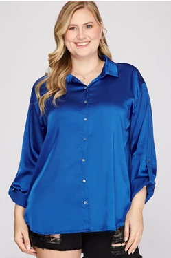Loose Fit Button Down with Collar Satin Top