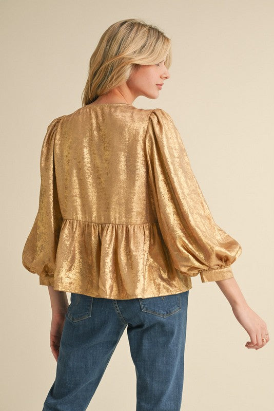 Three Quarter Sleeve Bow Tie Peplum Top with U Neckline