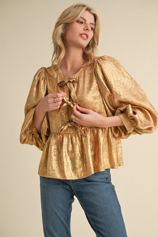 Three Quarter Sleeve Bow Tie Peplum Top with U Neckline