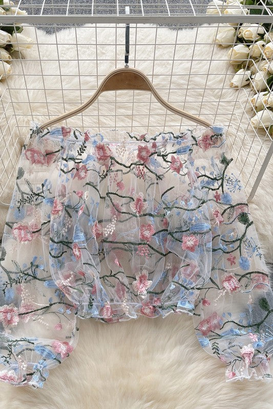 Sheer Long Sleeve Floral Embroidery Top