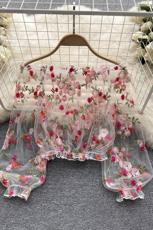 Sheer Long Sleeve Floral Embroidery Top