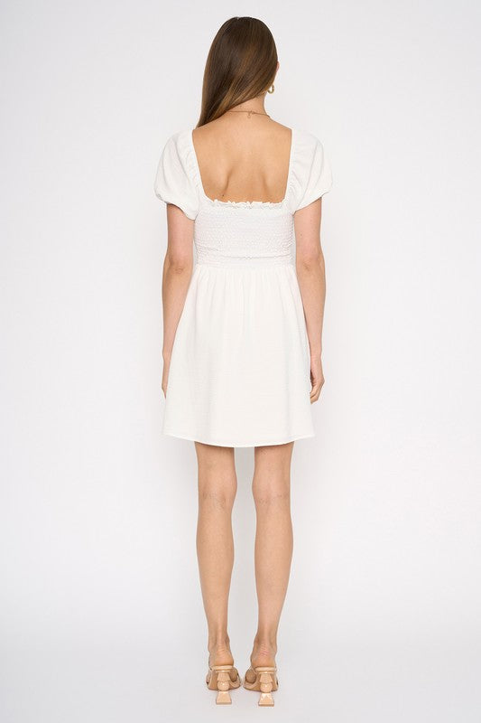 Short Puff Sleeve Mini Dress with Smocking and Tie Detail