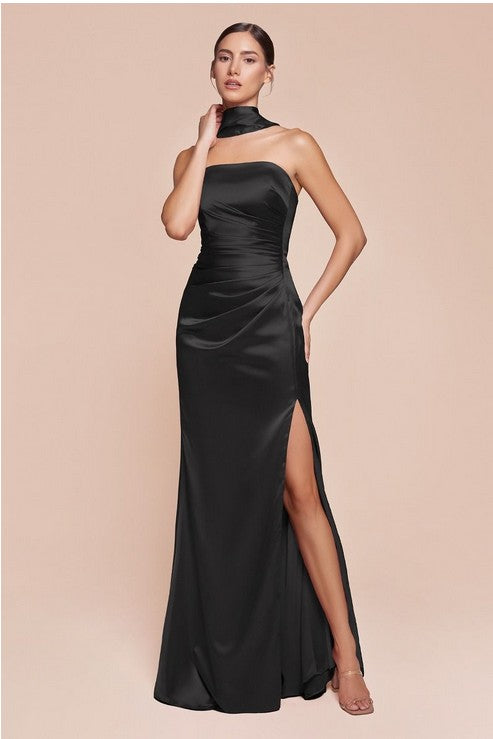 Strapless Satin Long Fitted Formal Dress with Side Slit