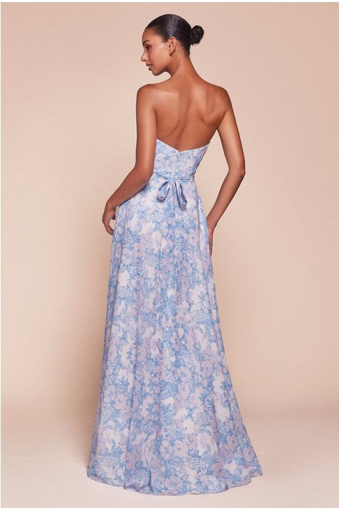 STRAPLESS A-LINE FLORAL SATIN LONG FORMAL DRESS