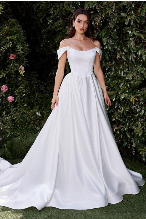 OFF THE SHOULDER SOFT SATIN BRIDAL BALL GOWN