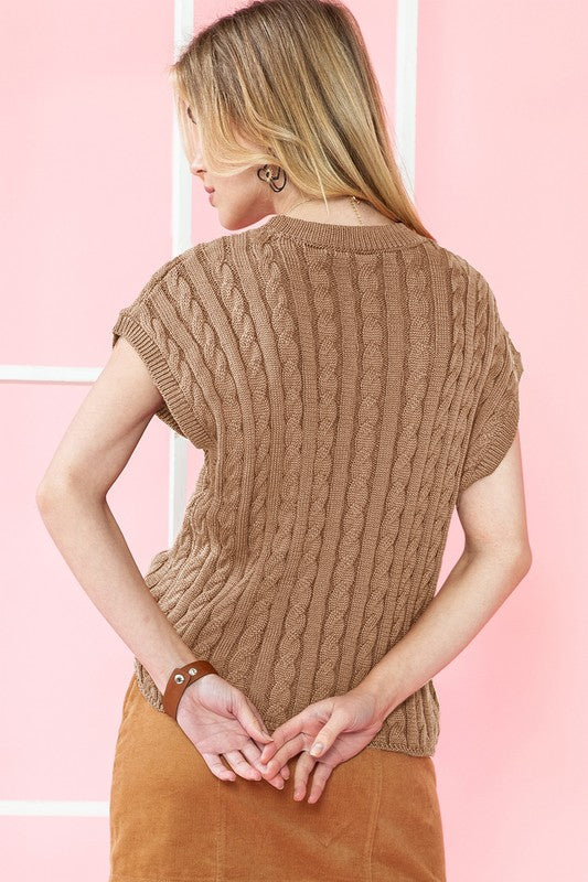 Sleeveless Solid Cable Knit Sweater