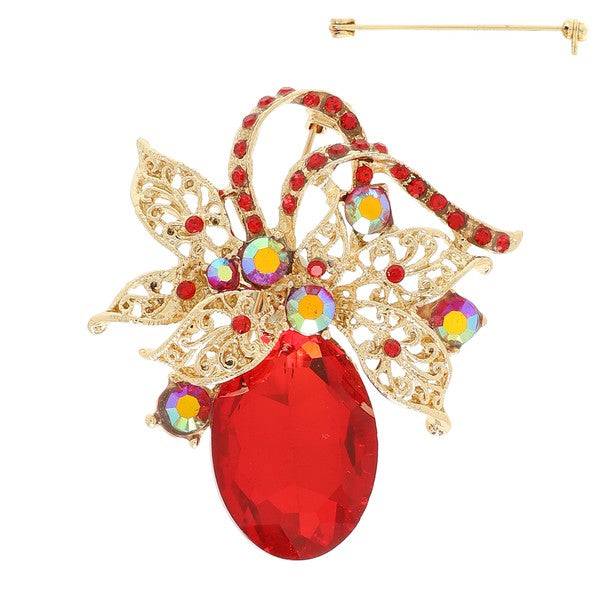 Jeweled Filigree Leaf Cluster Brooch Pin
