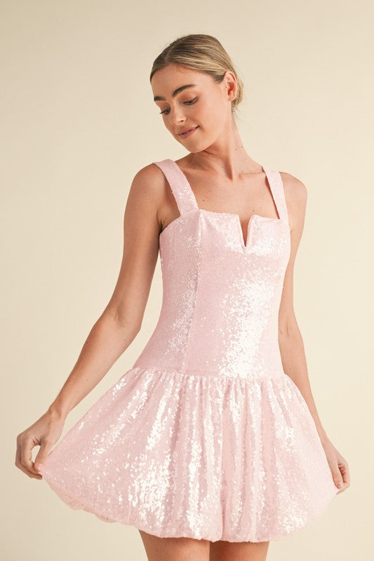 Sleeveless Front Notch Sequins Bubble Mini Dress