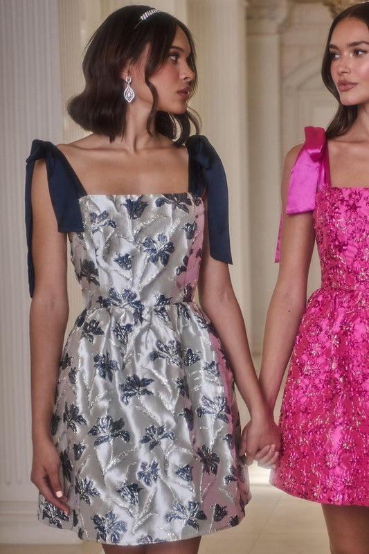 Shoulder Tie it up in a Bow Strap Jacquard Fit and Flare Mini Dress