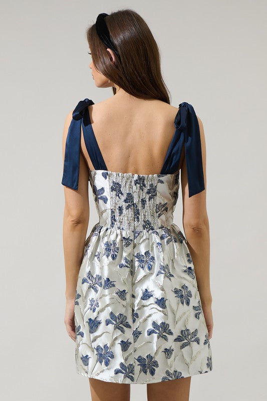 Shoulder Tie it up in a Bow Strap Jacquard Fit and Flare Mini Dress