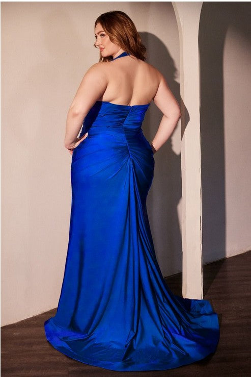 Curvy Halter Stretch Fitted Long Formal Dress with Side Slit