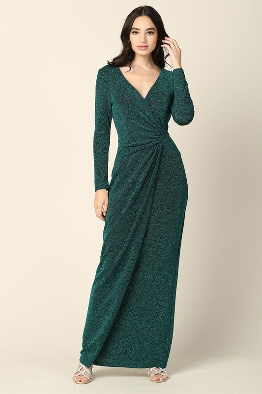 V-Neck Long Sleeve Sheath Style Formal Gown with Slit