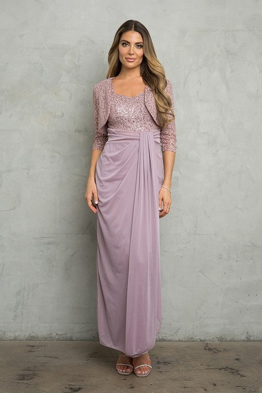2 Piece Stretch Chiffon Gown with Lace and Sequin Bolero
