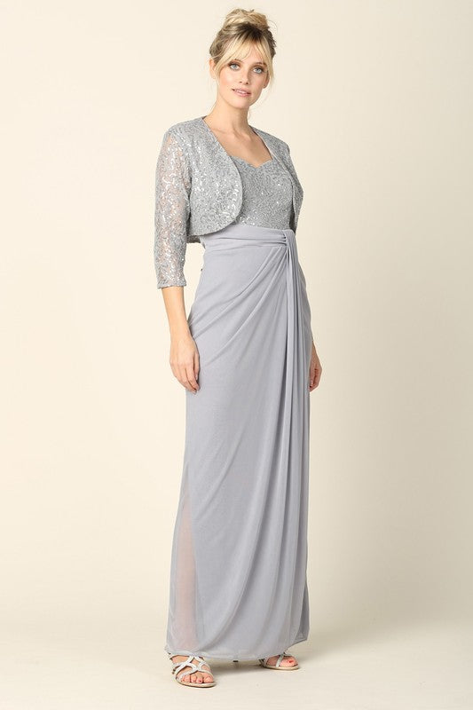 2 Piece Stretch Chiffon Gown with Lace and Sequin Bolero