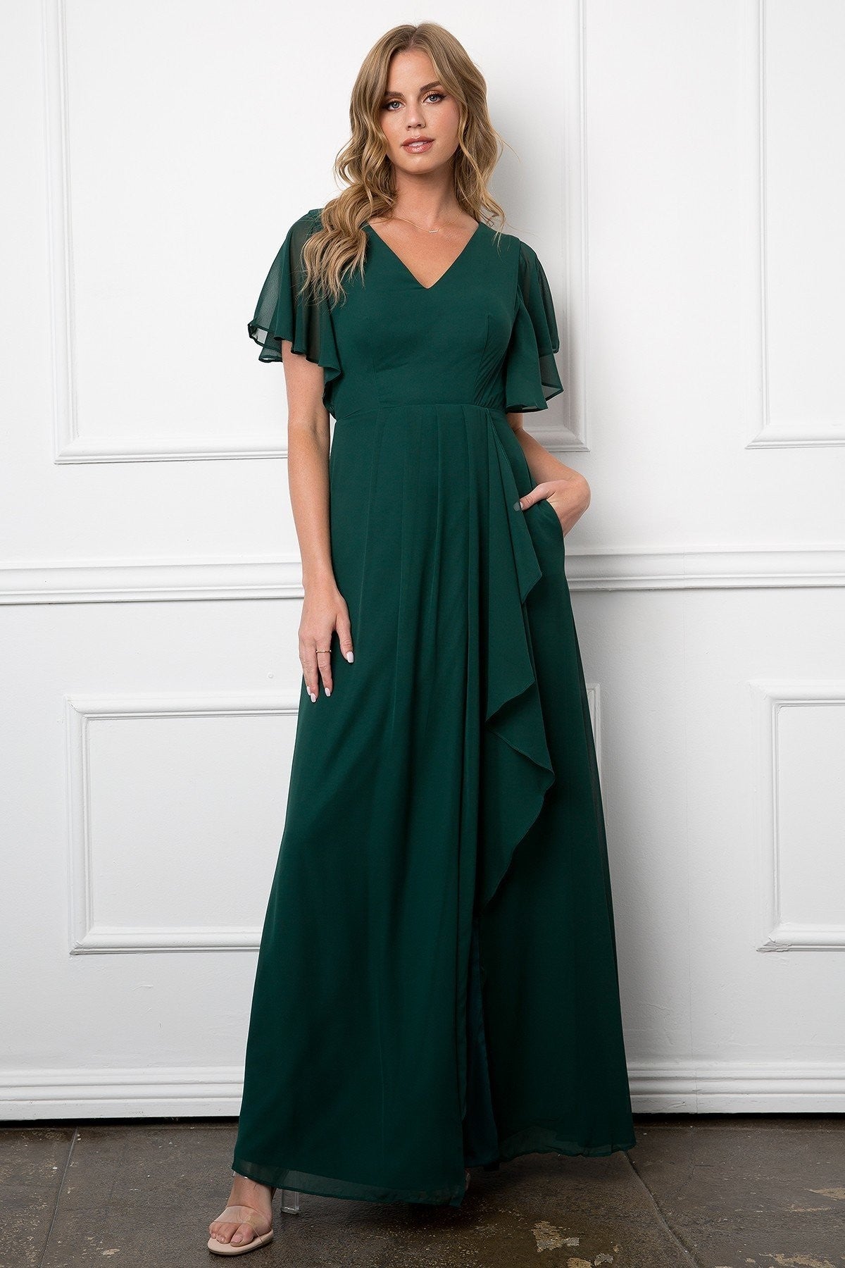 Short Flutter Sleeve Chiffon Long Formal Dress with Ruffle Side Slit