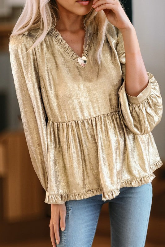 Long Sleeve V Neck Metallic Babydoll Top