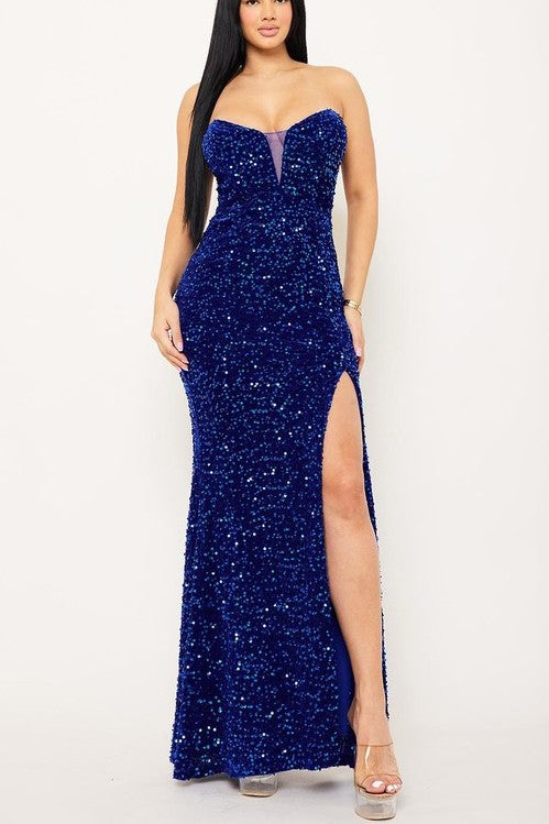 Strapless Sweetheart Neck Sequins Over Velvet Long Formal Dress with Side Slit