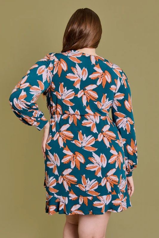 Curvy Long Sleeve Floral Print Wrap Mini Dress