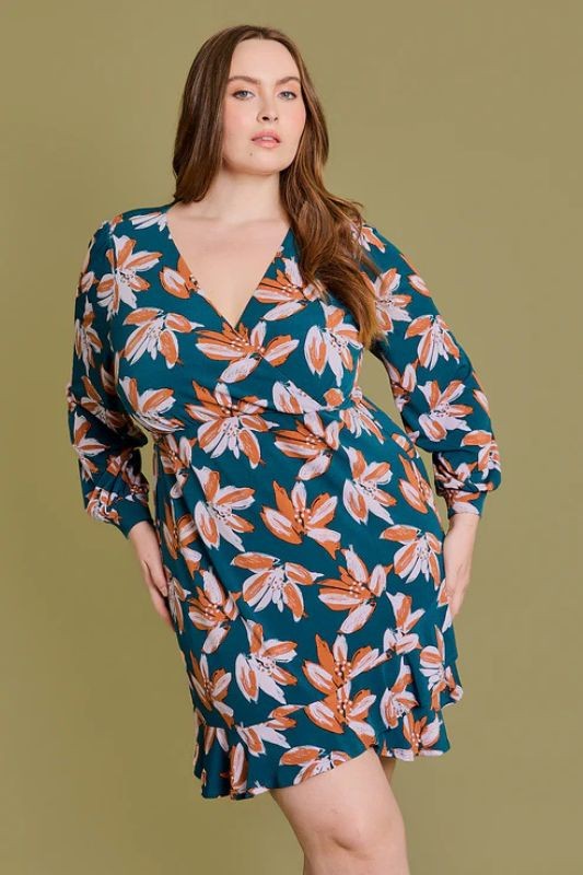 Curvy Long Sleeve Floral Print Wrap Mini Dress