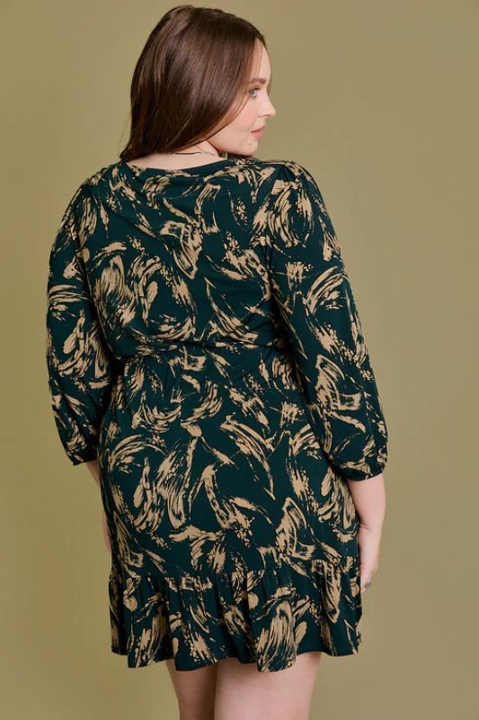3/4 Sleeve Mini Print Dress with Drawstring Waist