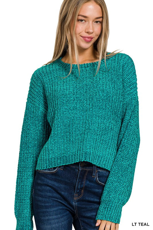 Long Sleeve Chenille Round Neck Crop Sweater