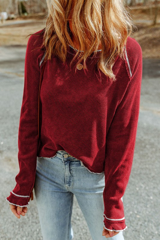Long Sleeve Textured Exposed Seam Top